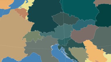 Avusturya ve komşuları. Uzak eğimli perspektif - özet yok. idari bölümlerin renk haritası