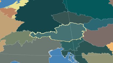 Avusturya ve komşuları. Uzak eğimli perspektif - şekil çizilmiş. idari bölümlerin renk haritası