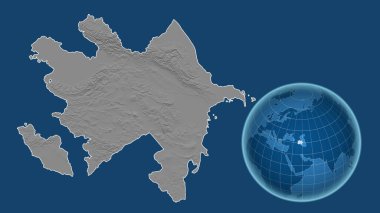 Azerbaycan. Yakınlaştırılmış haritaya karşı ülkenin şekline sahip dünya mavi arka planda izole edilmiş. Gri tonlama yükseklik haritası