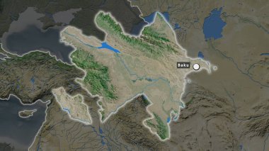 Azerbaycan 'ın başkent noktası ve semtinin doyumsuz haritasında işaretlenmiş bölgesi. Uydu görüntüleri