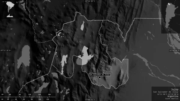 Jujuy Provinz Argentinien Graustufige Karte Mit Seen Und Flüssen Gestalt — Stockfoto