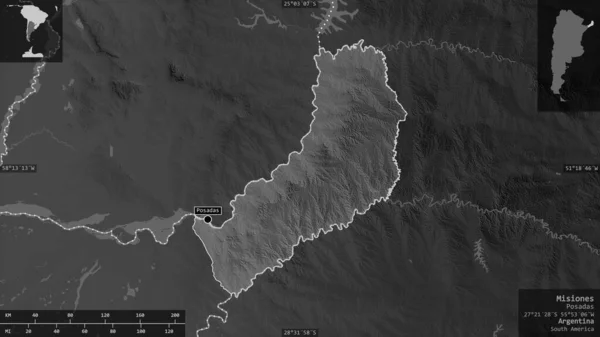 Мисьонес Провинция Аргентина Карта Масштабе Grayscaled Лаками Риверами Форма Представленная — стоковое фото