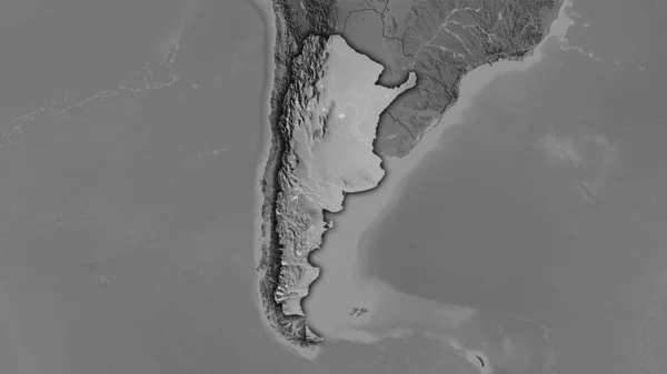 ステレオグラフィック投影のグレースケール標高マップ上のアルゼンチン領域 暗い輝く輪郭を持つラスター層の生の組成 — ストック写真