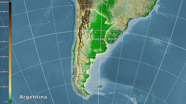 Physical map within the Argentina area in the stereographic projection with legend - main composition
