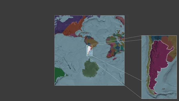 从世界大比例尺地图中提取出的扩大和扩大的阿根廷地区 其主要线连接了框架的各个角落 行政区划的彩色地图 — 图库照片