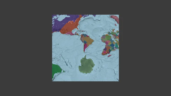 Square frame of the large-scale map of the world in an oblique Van der Grinten projection centered on the territory of Argentina. Color map of the administrative division