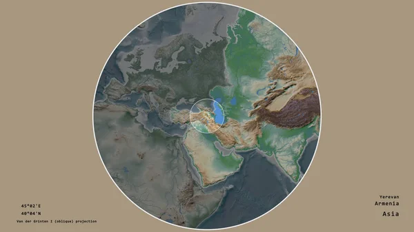 亚美尼亚的区域 在该大陆的大比例尺地图上有一个圆圈 在绝望的背景下孤立起来 大写的地理推论和名称 彩色物理图 — 图库照片