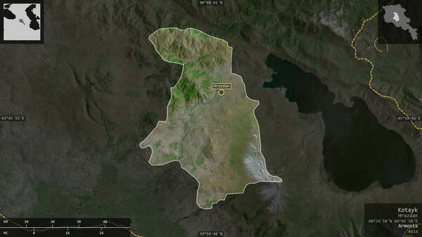 Kotayk, province of Armenia. Satellite imagery. Shape presented against its country area with informative overlays. 3D rendering