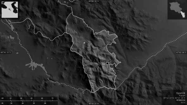 Syunik Provinz Armenien Graustufige Karte Mit Seen Und Flüssen Gestalt — Stockfoto