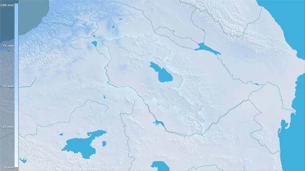 亚美尼亚地区在立体投影中最干旱的月份的降水 带有传说 明亮轮廓的栅格层的原始成分 — 图库照片