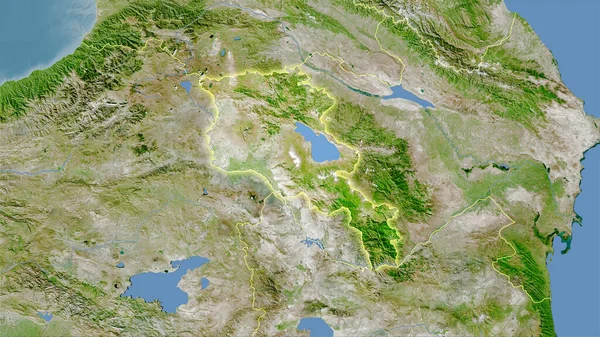 Uydudaki Ermenistan Bölgesi Stereografik Projeksiyondaki Bir Harita Işık Saçan Ana — Stok fotoğraf