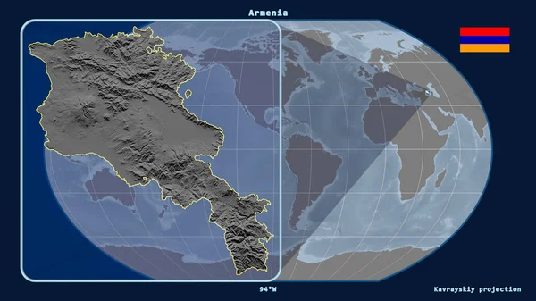 Vergrößerte Ansicht Armeniens Mit Perspektivischen Linien Gegen Eine Weltkarte Der — Stockfoto