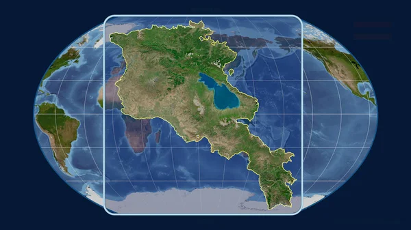 用透视线与Kavrayskiy投影中的全球地图对齐 将亚美尼亚的轮廓放大 形体中心 卫星图像 — 图库照片