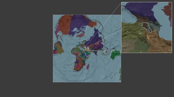 从世界大比例尺地图中提取出的亚美尼亚扩大和扩大的地区 其主要线连接了框架的各个角落 行政区划的彩色地图 — 图库照片