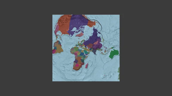世界大比例尺地图的正方形框架 呈倾斜的范德格林登投影 以亚美尼亚领土为中心 行政区划的彩色地图 — 图库照片
