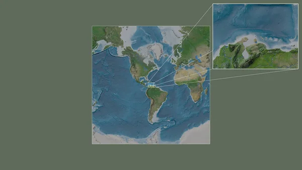 从世界大比例尺地图中提取出的阿鲁巴扩大和扩大的地区 其主要线连接了框架的各个角落 卫星图像 — 图库照片