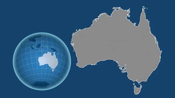 Ausztrália Globe Ország Alakja Ellen Zoomolt Térkép Vázlatát Elszigetelt Kék — Stock Fotó