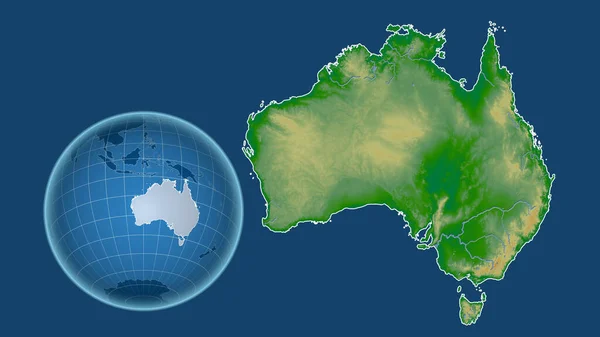 Australia. Globe with the shape of the country against zoomed map with its outline isolated on the blue background. color physical map