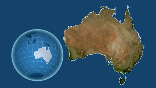 Australia. Globe with the shape of the country against zoomed map with its outline isolated on the blue background. satellite imagery