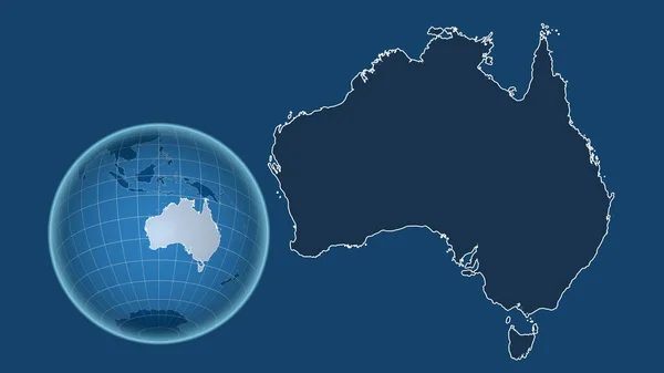Австралія Глобус Формі Країни Проти Збільшеної Карти Контуром Ізольованим Синьому — стокове фото