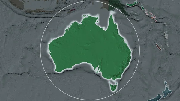 Poszerzony Obszar Australii Otoczony Okręgiem Tle Jego Okolicy Mapa Kolorów — Zdjęcie stockowe