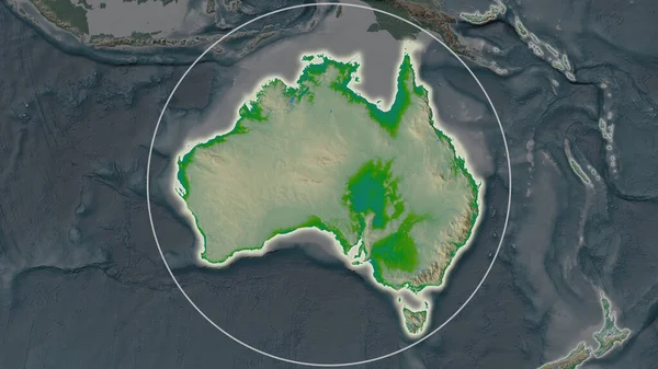 Enlarged Area Australia Surrounded Circle Background Its Neighborhood Color Physical — Stock Photo, Image
