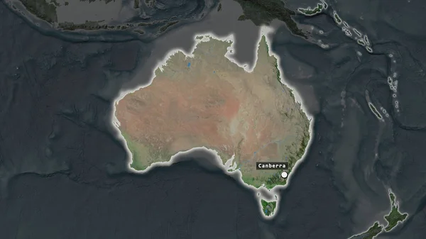 首都ポイントとその周辺の運命地図上のラベルを持つオーストラリアのハイライトエリア 衛星画像 — ストック写真