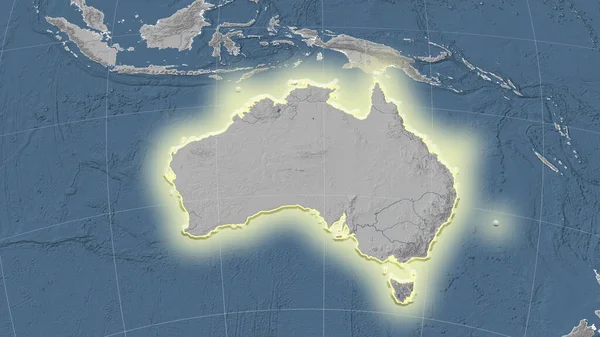 Australia Jej Okolica Daleka Perspektywa Ukośna Kształt Świecił Mapa Elewacji — Zdjęcie stockowe