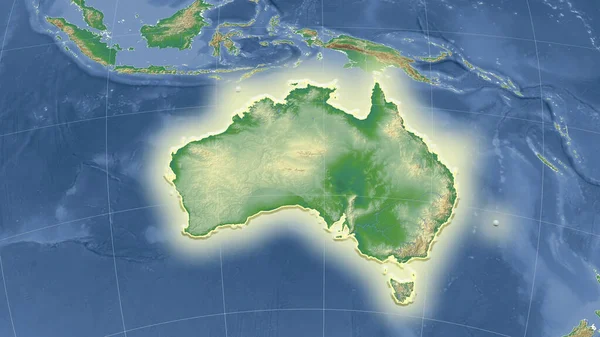 Australia Jej Okolica Daleka Perspektywa Ukośna Kształt Świecił Kolor Mapa — Zdjęcie stockowe