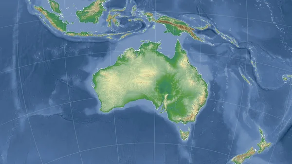 Ausztrália Környék Távoli Ferde Perspektíva Körvonal Nélkül Színes Fizikai Térkép — Stock Fotó