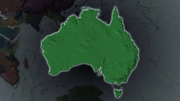 Australia area enlarged and glowed on a darkened background of its surroundings. Colored and bumped map of the administrative division