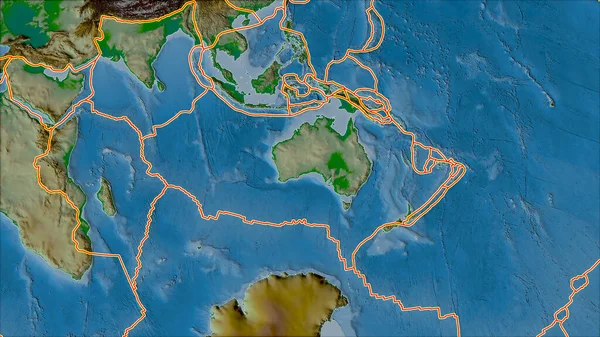 构造板块与澳大利亚板块地区相邻区域的物理地图接壤 Van Der Grinten I投影 斜变换 — 图库照片