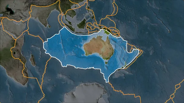 衛星上のオーストラリアの地殻プレートの概要隣接する地域の砂漠化によって分離された地図 ヴァン グリンテンI予測 斜めの変換 — ストック写真
