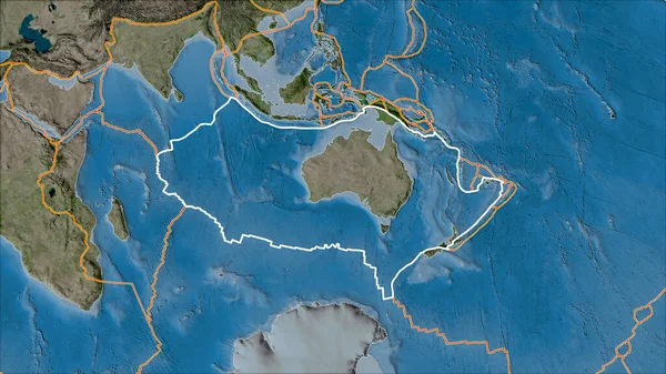 Placa Tectónica Australiana Delineada Bordes Placas Adyacentes Mapa Satélite Proyección —  Fotos de Stock