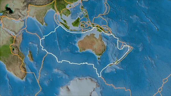 Placa Tectónica Australiana Delineada Bordes Placas Adyacentes Satélite Mapa Proyección — Foto de Stock