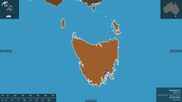 タスマニア オーストラリアの州 湖や川でパターン化された固体 有益なオーバーレイとその国の領域に対して提示形状 3Dレンダリング — ストック写真