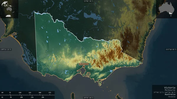 Victoria État Australie Relief Coloré Avec Lacs Rivières Forme Présentée — Photo