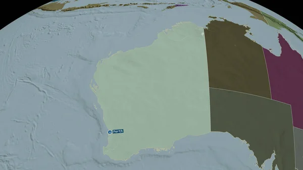 西オーストラリア州 オーストラリアの州が拡大し 首都で強調表示されました 行政区画の色と衝突した地図 3Dレンダリング — ストック写真