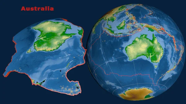 Plaque Tectonique Australienne Décrite Extrudée Présentée Contre Globe Carte Physique — Photo