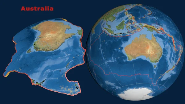 Avustralya tektonik plakası tanımlandı, çıkarıldı ve dünyaya karşı sunuldu. Uydu görüntüleri. 3B görüntüleme
