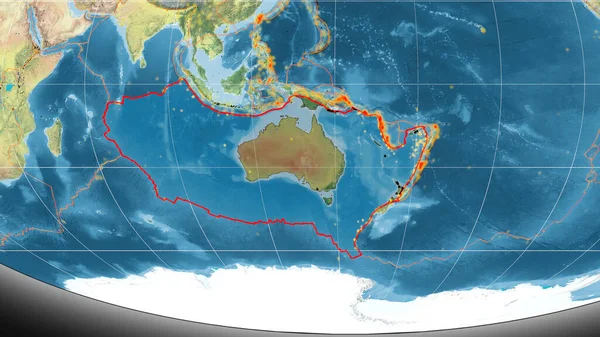 Australijska Płyta Tektoniczna Zarysowana Globalnej Mapie Topograficznej Projekcji Mollweide Renderowanie — Zdjęcie stockowe