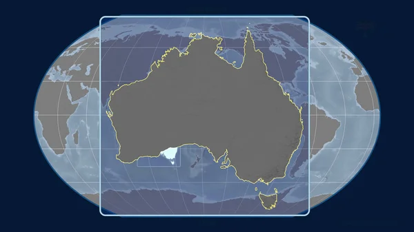 オーストラリアのアウトラインを視野線で拡大したもので カヴァライスキー予測の世界地図に対するものです 形を中心に グレースケール標高図 — ストック写真