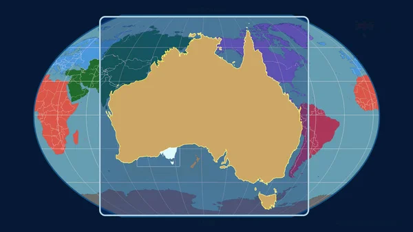 オーストラリアのアウトラインを視野線で拡大したもので カヴァライスキー予測の世界地図に対するものです 形を中心に 大陸のカラーマップ — ストック写真