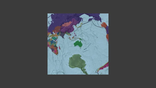 Square frame of the large-scale map of the world in an oblique Van der Grinten projection centered on the territory of Australia. Color map of the administrative division
