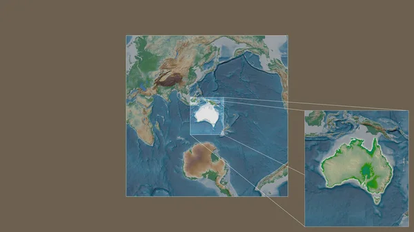 从世界大比例尺地图中提取出的扩大和扩大的澳大利亚地区 其主要线连接了框架的各个角落 彩色物理图 — 图库照片