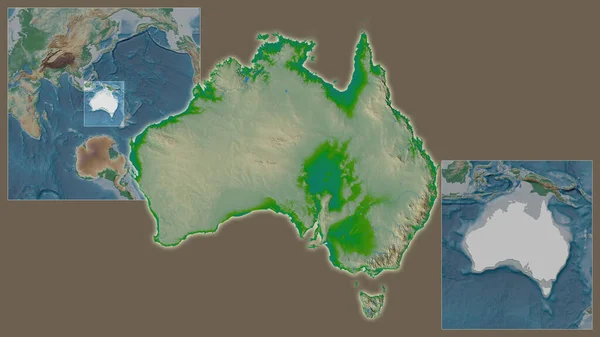 澳大利亚的近景及其在该地区的位置 以及在一个大比例尺世界地图中心的位置 彩色物理图 — 图库照片