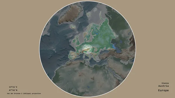 奥地利的一个地区 在该大陆的大比例尺地图上有一个圆圈 在绝望的背景下孤立起来 大写的地理推论和名称 彩色物理图 — 图库照片