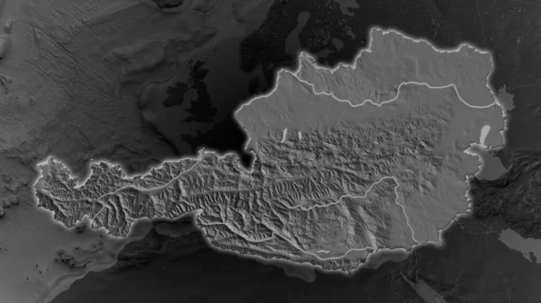 Oblast Rakouska Zvětšovala Žhnula Tmavém Pozadí Svého Okolí Mapa Nadmořské — Stock fotografie