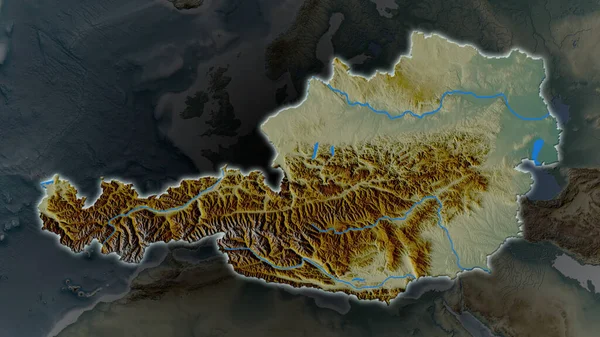 Austria Área Ampliada Brilló Sobre Fondo Oscuro Sus Alrededores Mapa —  Fotos de Stock