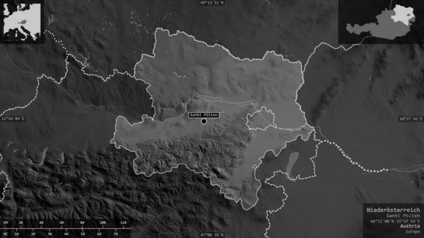 Niederosterreich Estado Austria Mapa Escala Grises Con Lagos Ríos Forma — Foto de Stock